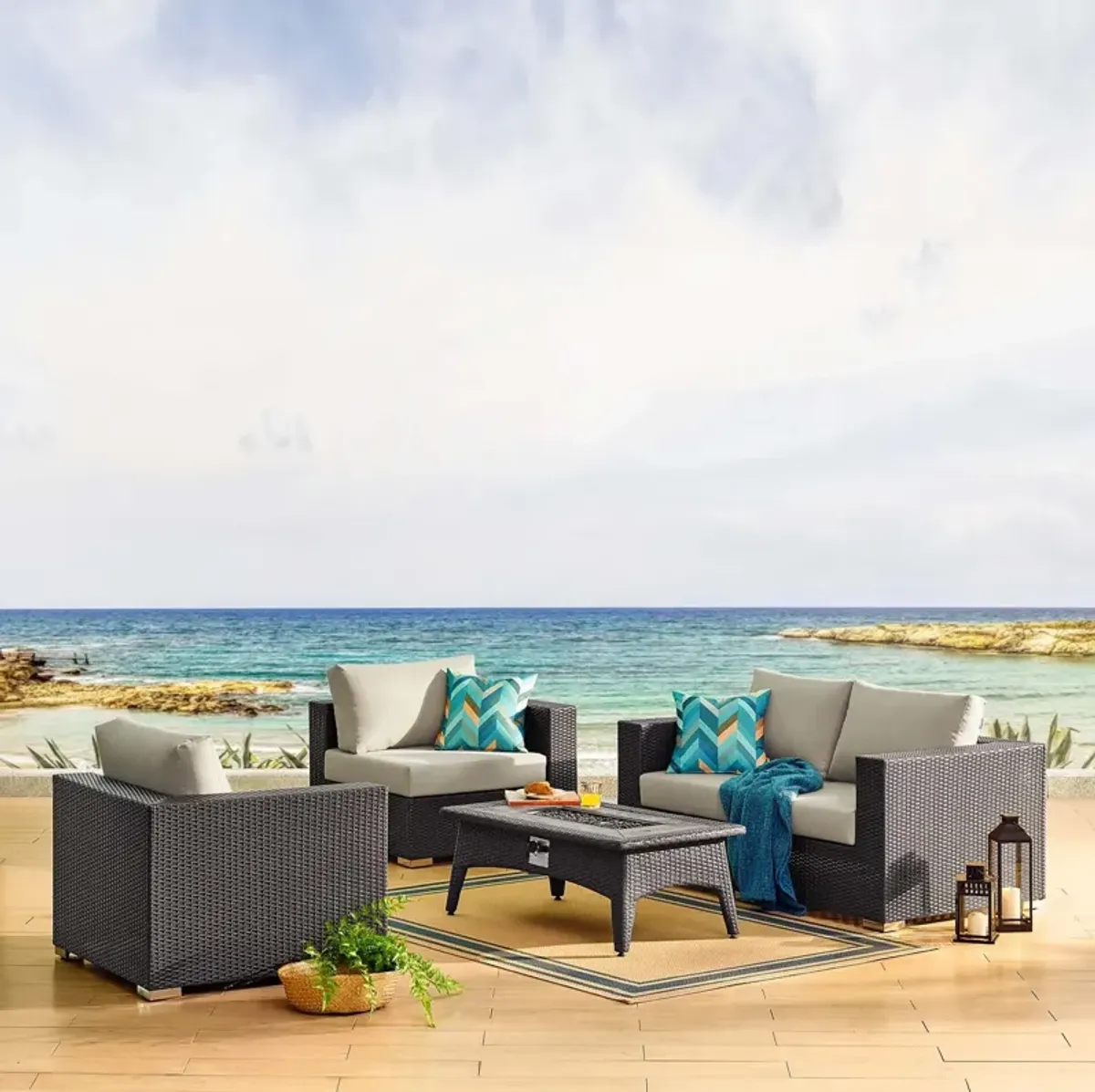 Convene 5 Piece Set Outdoor Patio with Fire Pit by Modway Espresso White