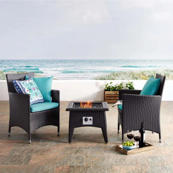 Convene 3 Piece Set Outdoor Patio with Fire Pit by Modway Espresso Turquoise