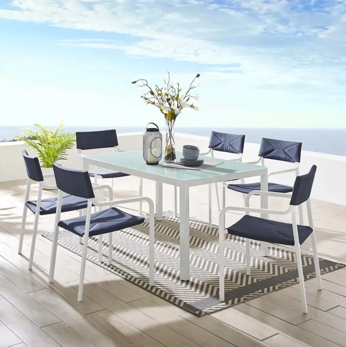 Raleigh 7 Piece Outdoor Patio Aluminum Dining Set by Modway White Navy