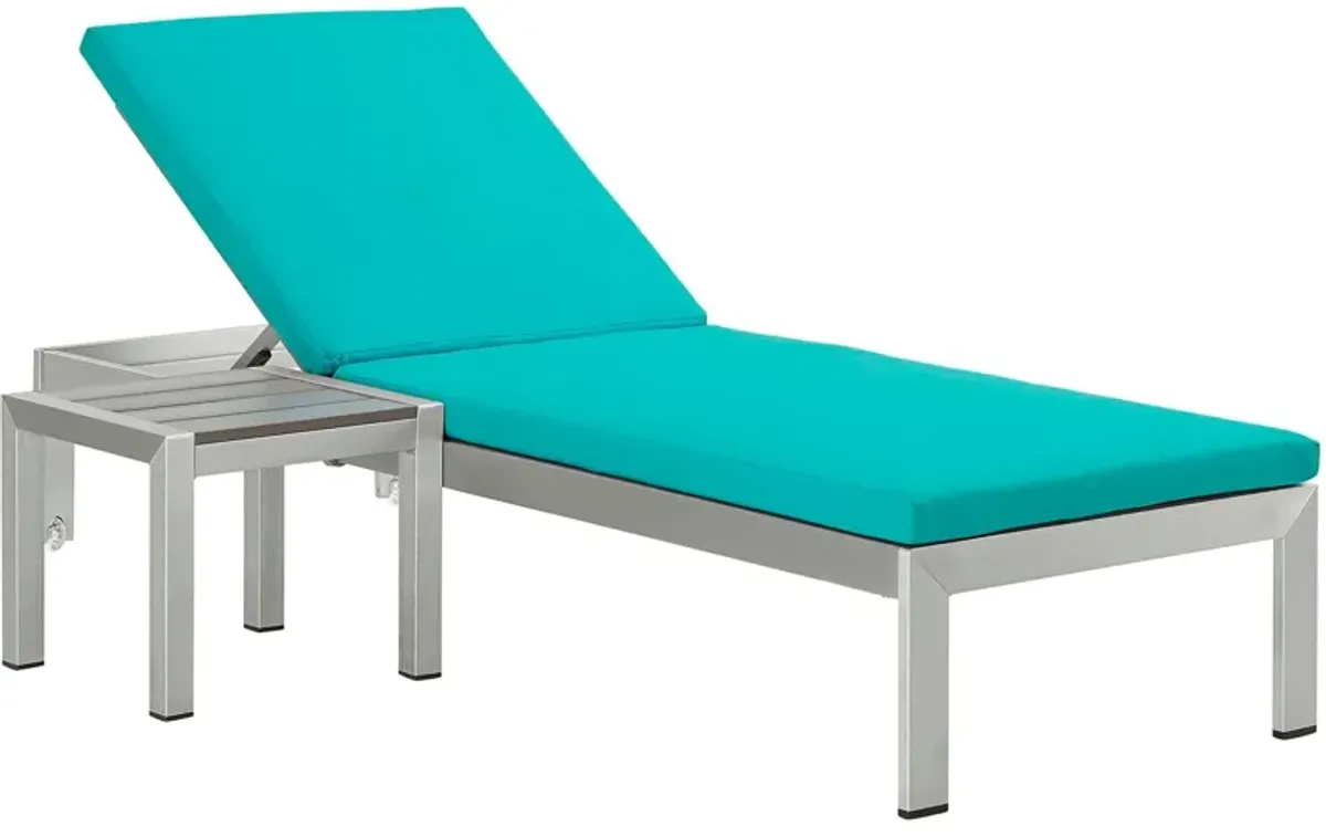 Shore Outdoor Patio Aluminum Chaise Lounge Chair and Side Table by Modway Silver Black Turquoise