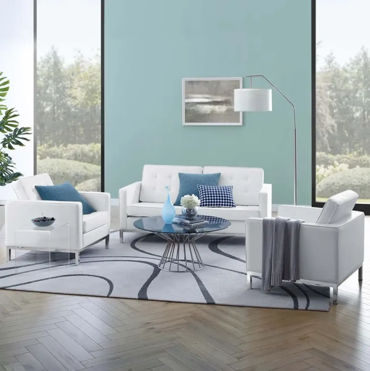 Loft 3 Piece Tufted Upholstered Faux Leather Set by Modway Silver White