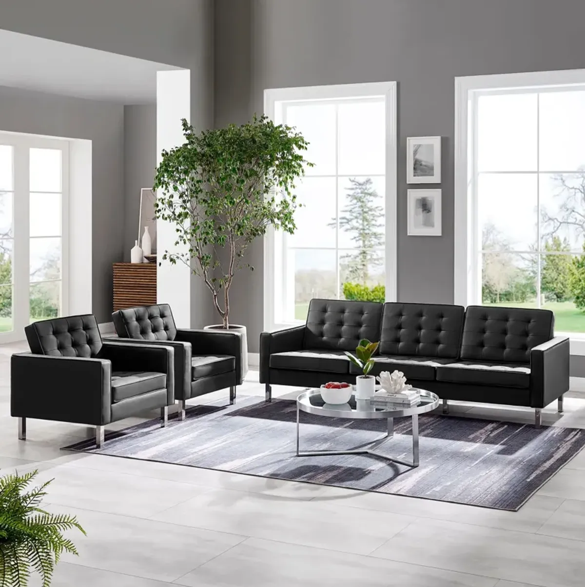 Loft Tufted Vegan Leather 3-Piece Furniture Set by Modway Silver White