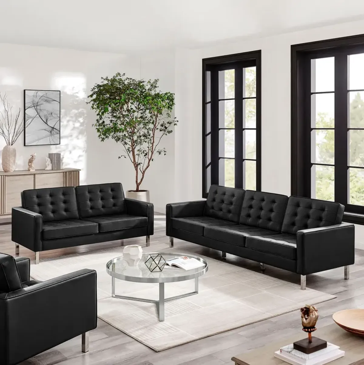 Loft 2-Piece Tufted Vegan Leather Furniture Set by Modway Silver Black