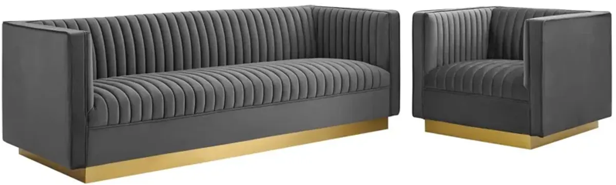 Sanguine Vertical Channel Tufted Upholstered Performance Velvet Sofa and Armchair Set by Modway