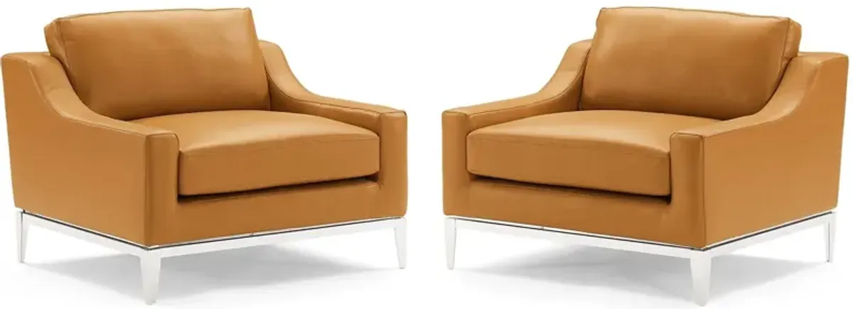Harness Stainless Steel Base Leather Armchair Set of 2 by Modway Tan