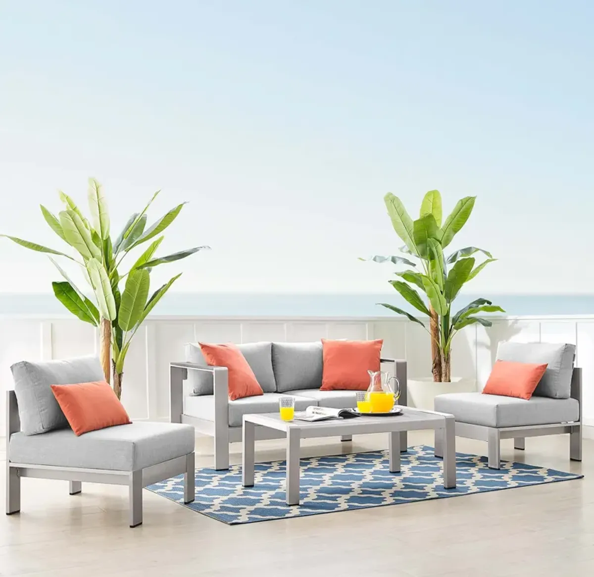 Shore 4 Piece Sunbrella® Fabric Outdoor Patio Aluminum Set by Modway Silver Gray