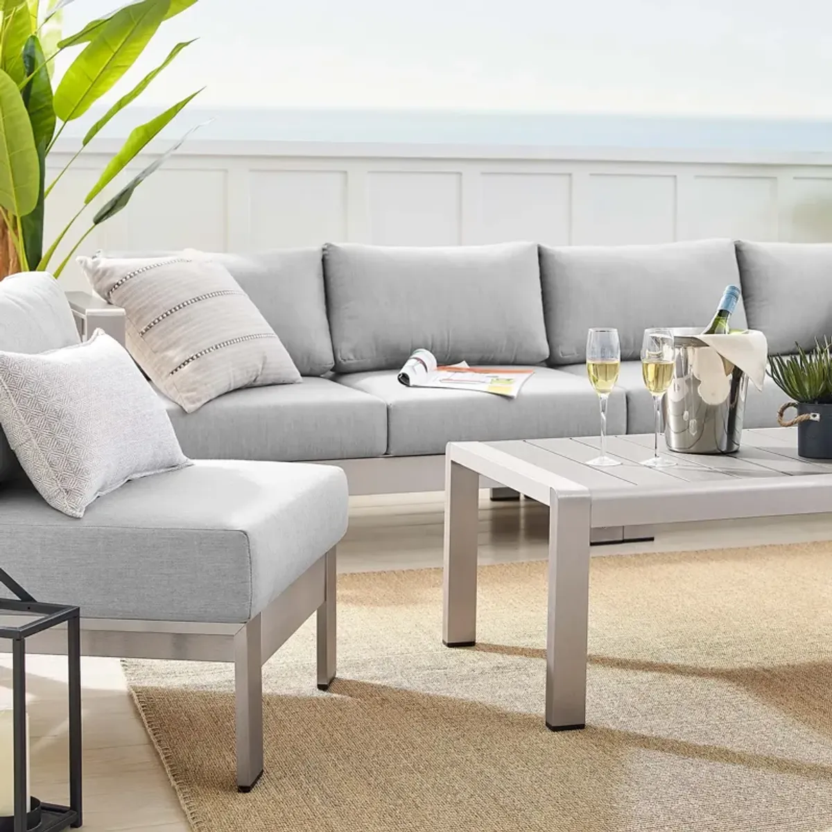 Shore 5 Piece Sunbrella® Fabric Outdoor Patio Aluminum Sectional Sofa Set by Modway Silver Gray
