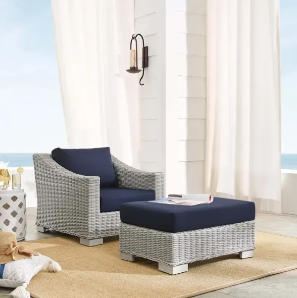 Conway 2-Piece Sunbrella® Outdoor Patio Wicker Rattan Armchair and Ottoman Set by Modway Light Gray Navy