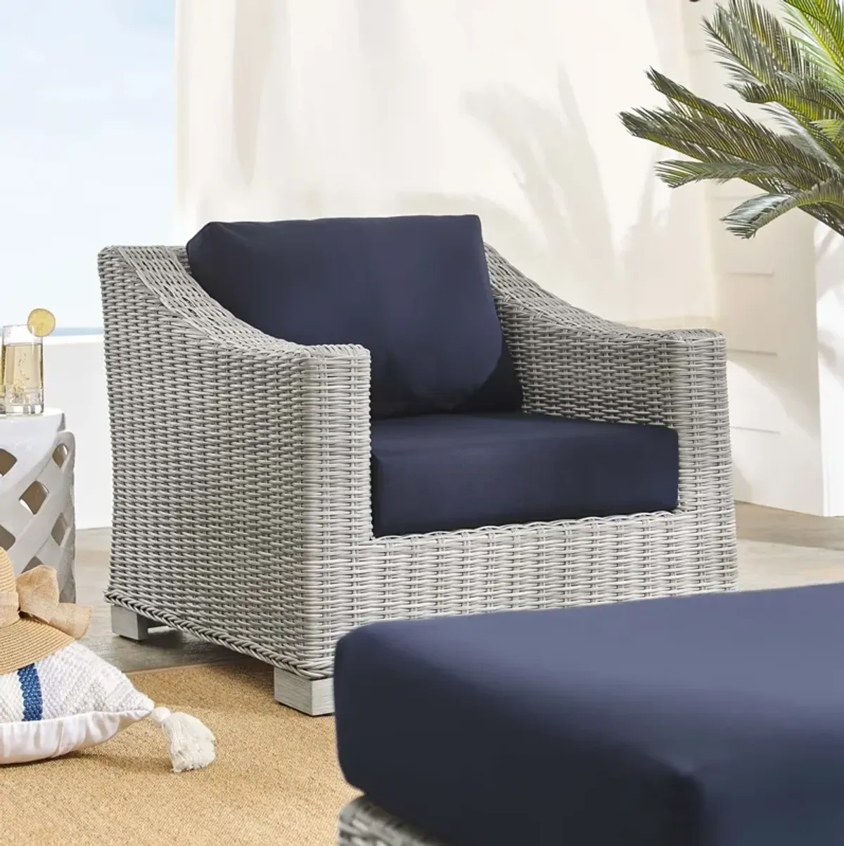 Conway 2-Piece Sunbrella® Outdoor Patio Wicker Rattan Armchair and Ottoman Set by Modway Light Gray Navy