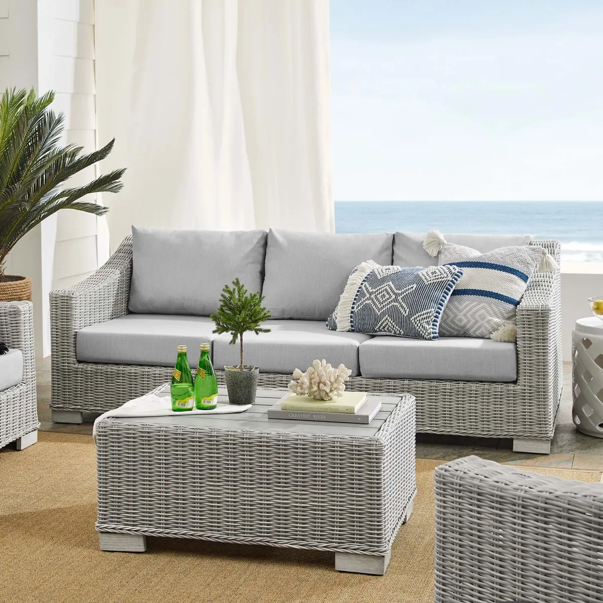 Conway 4-Piece Sunbrella® Outdoor Patio Wicker Rattan Furniture Set by Modway Light Gray Navy