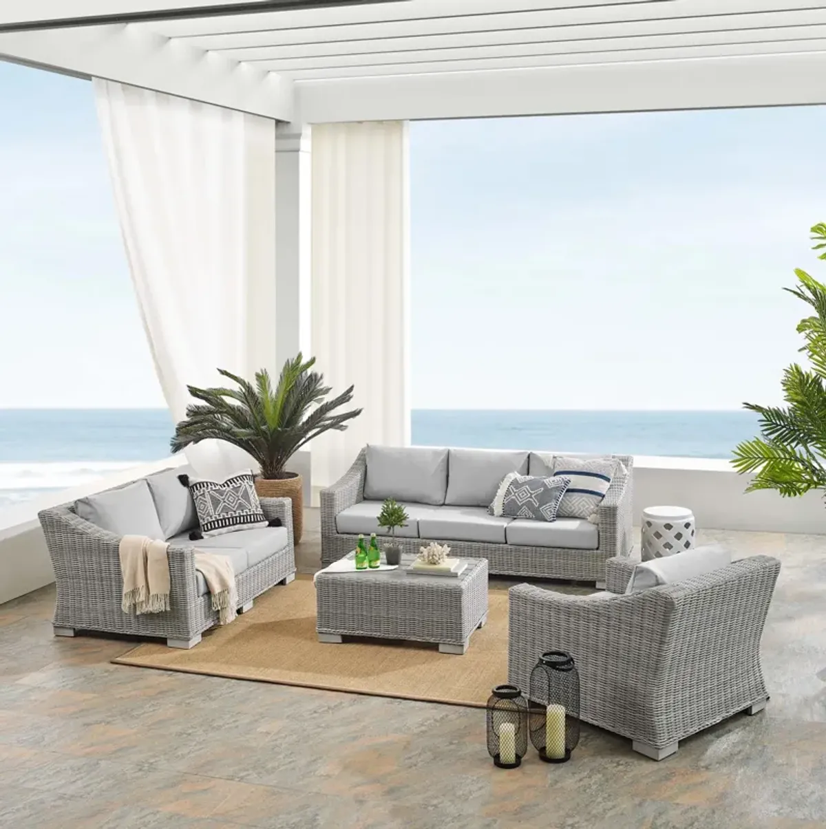 Conway 4-Piece Sunbrella® Outdoor Patio Wicker Rattan Furniture Set by Modway Light Gray Navy