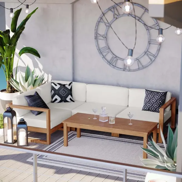 Upland Outdoor Patio Teak Wood 5-Piece Sectional Sofa Set by Modway Natural White