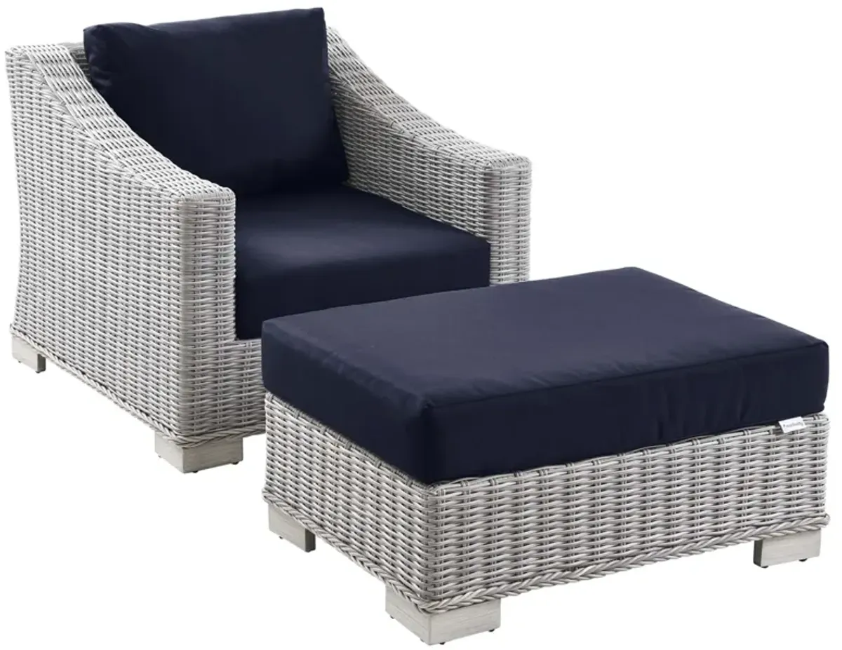 Conway 2-Piece Outdoor Patio Wicker Rattan Armchair and Ottoman Set by Modway Light Gray Navy