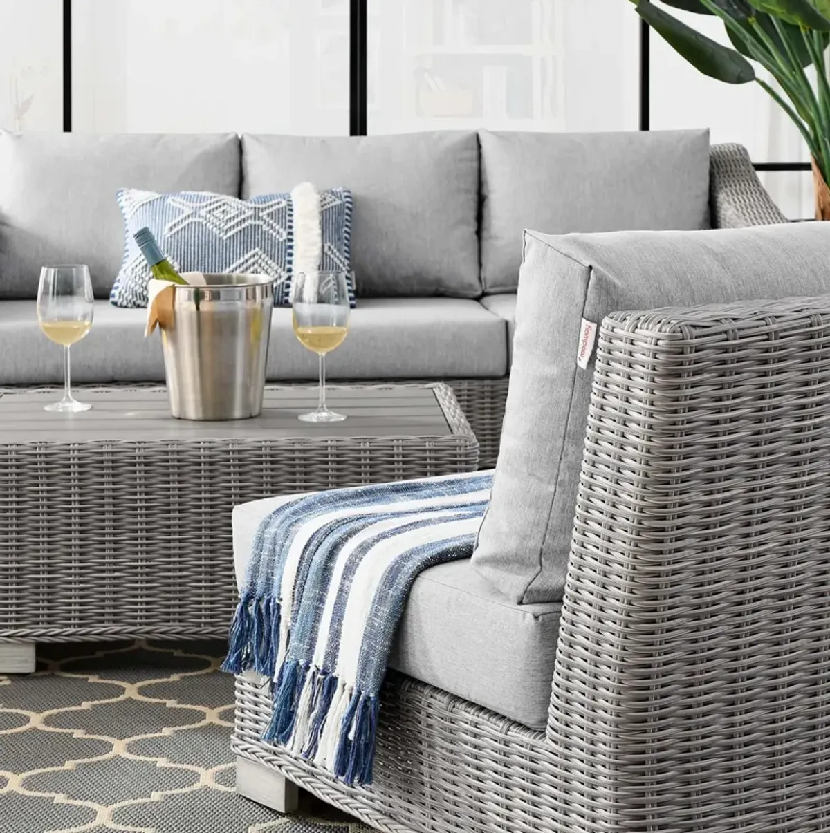 Conway 5-Piece Outdoor Patio Wicker Rattan Furniture Set by Modway Light Gray Navy