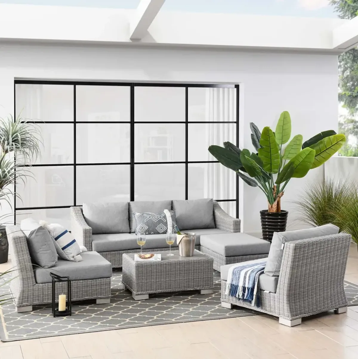 Conway 5-Piece Outdoor Patio Wicker Rattan Furniture Set by Modway Light Gray Navy
