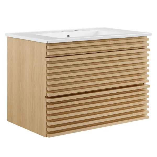 Render Wall-Mount Bathroom Vanity with White Basin Included by Modway 30" / Oak White