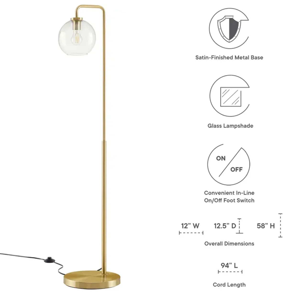 Silo Glass Globe Glass and Metal Floor Lamp by Modway Satin Brass
