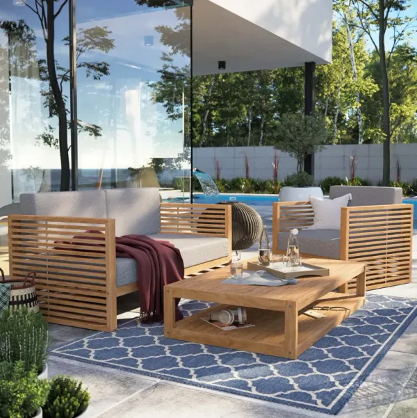 Carlsbad 3-Piece Teak Wood Outdoor Patio Outdoor Patio Set by Modway Natural Navy
