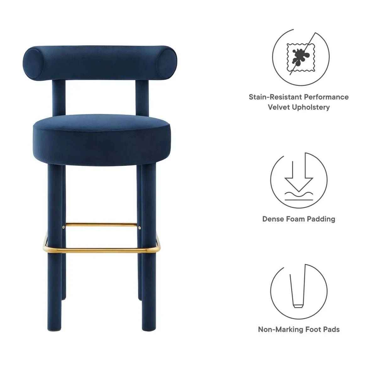 Toulouse Performance Velvet Bar Stool by Modway Midnight Blue Gold