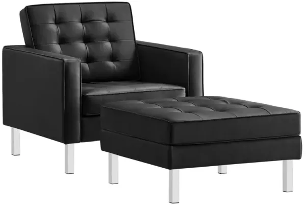 Loft Tufted Vegan Leather Armchair and Ottoman Set by Modway Silver Black