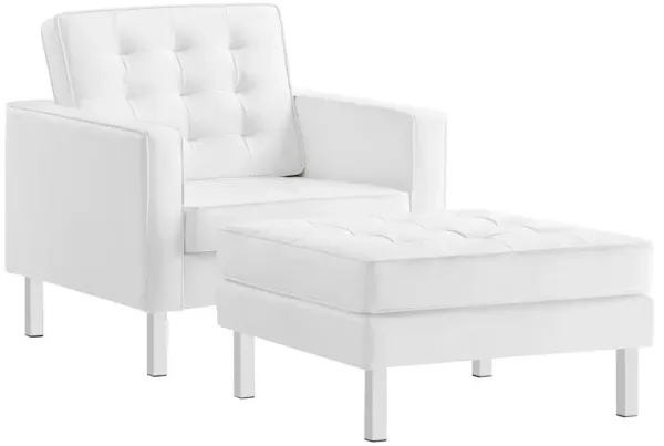 Loft Tufted Vegan Leather Armchair and Ottoman Set by Modway Silver White