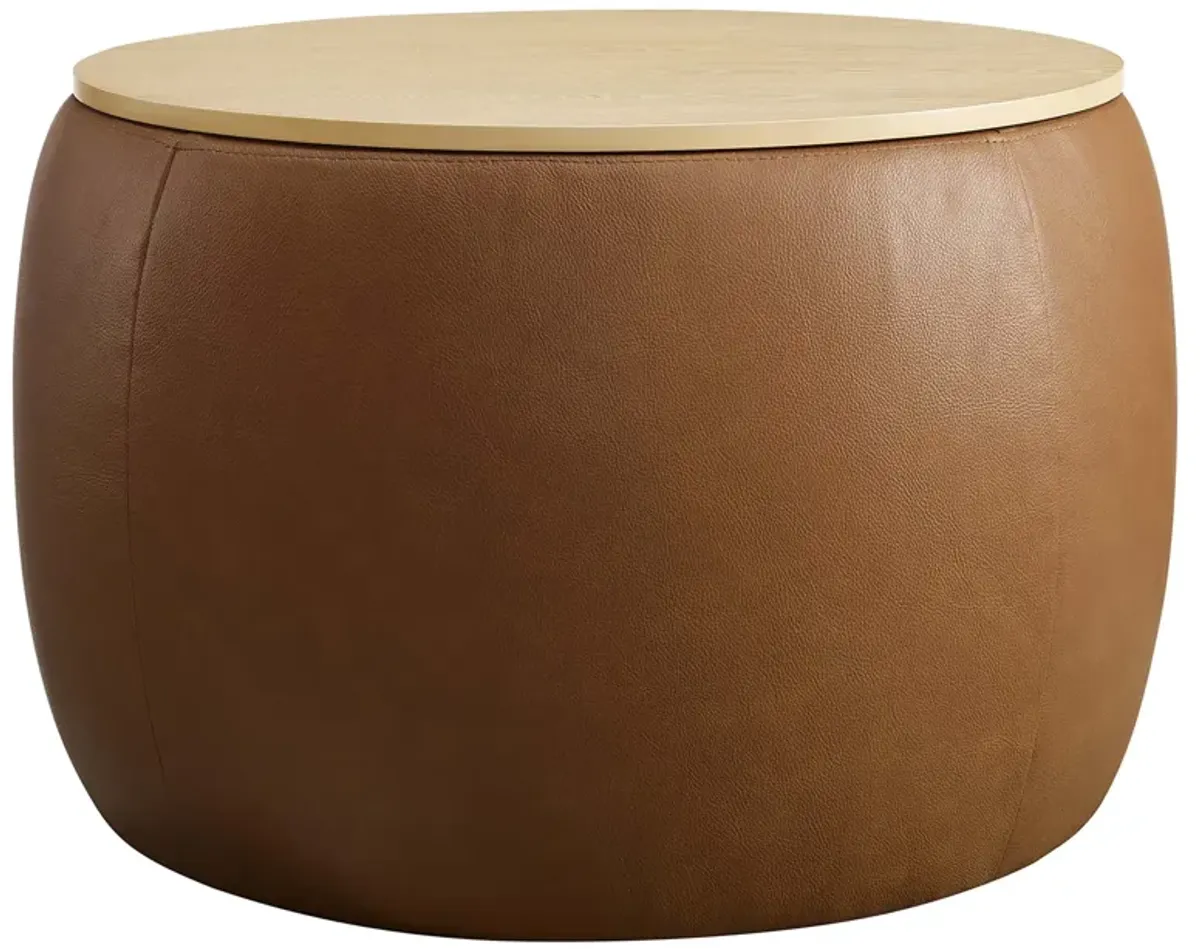 Perla Round Vegan Leather Storage Ottoman Tan