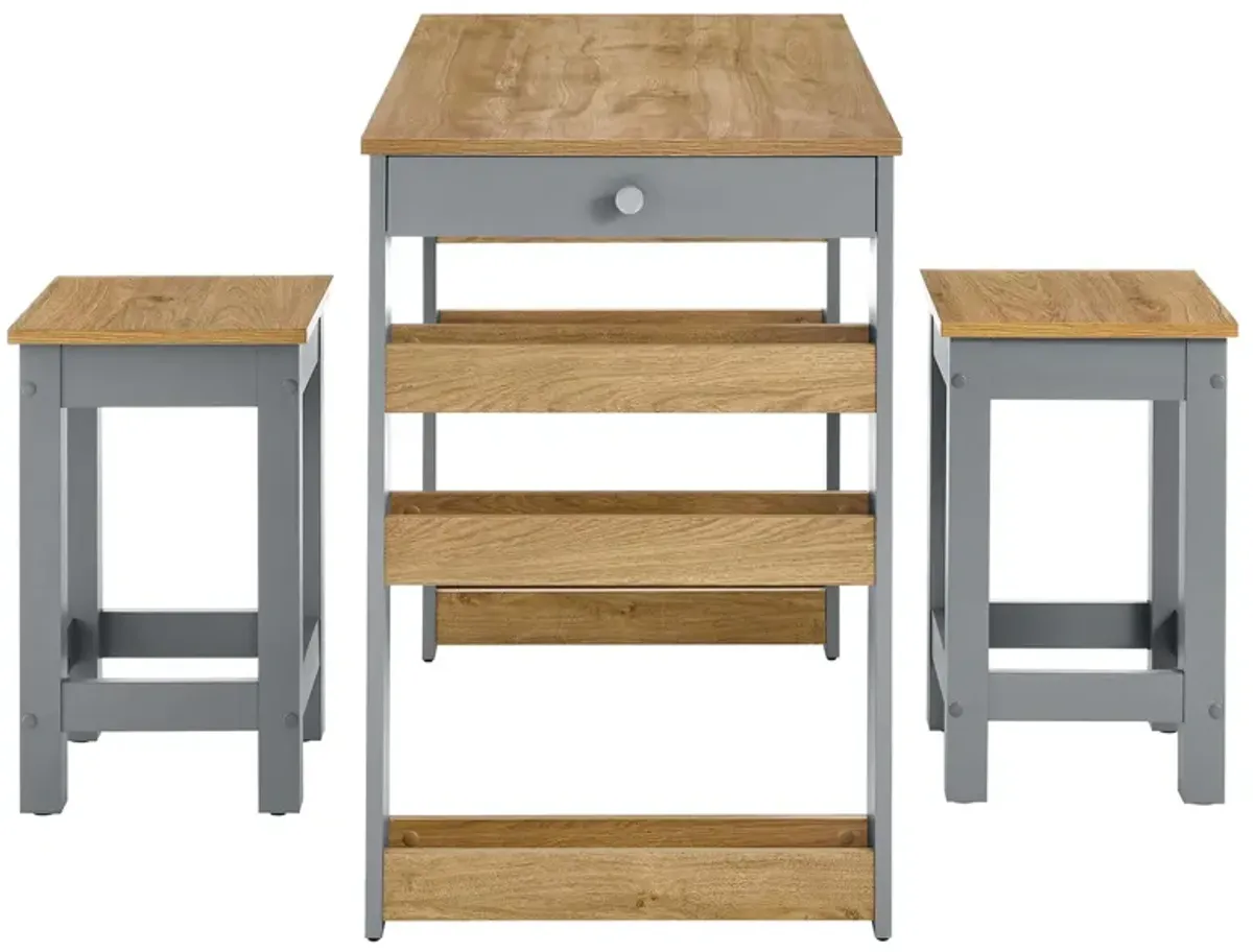 Galley 3-Piece Kitchen Island and Stool Set by Modway Oak Gray
