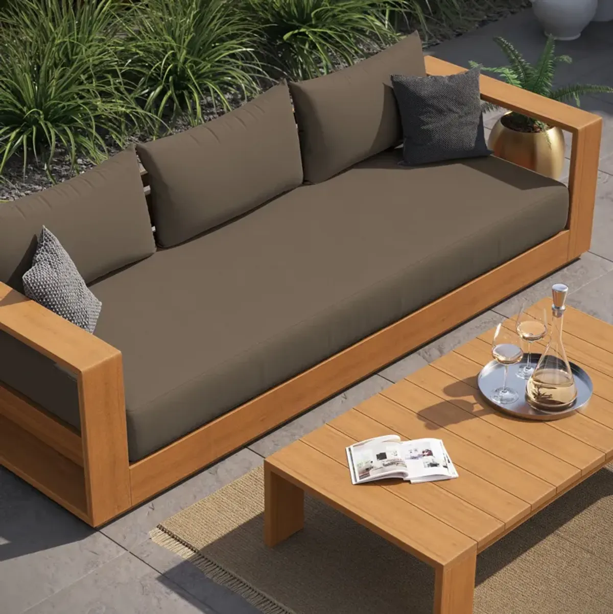 Tahoe 2-Piece Outdoor Patio Acacia Wood Sofa and Coffee Table Set by Modway Natural Cocoa