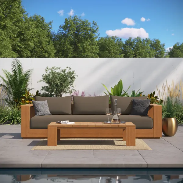 Tahoe 2-Piece Outdoor Patio Acacia Wood Sofa and Coffee Table Set by Modway Natural Cocoa