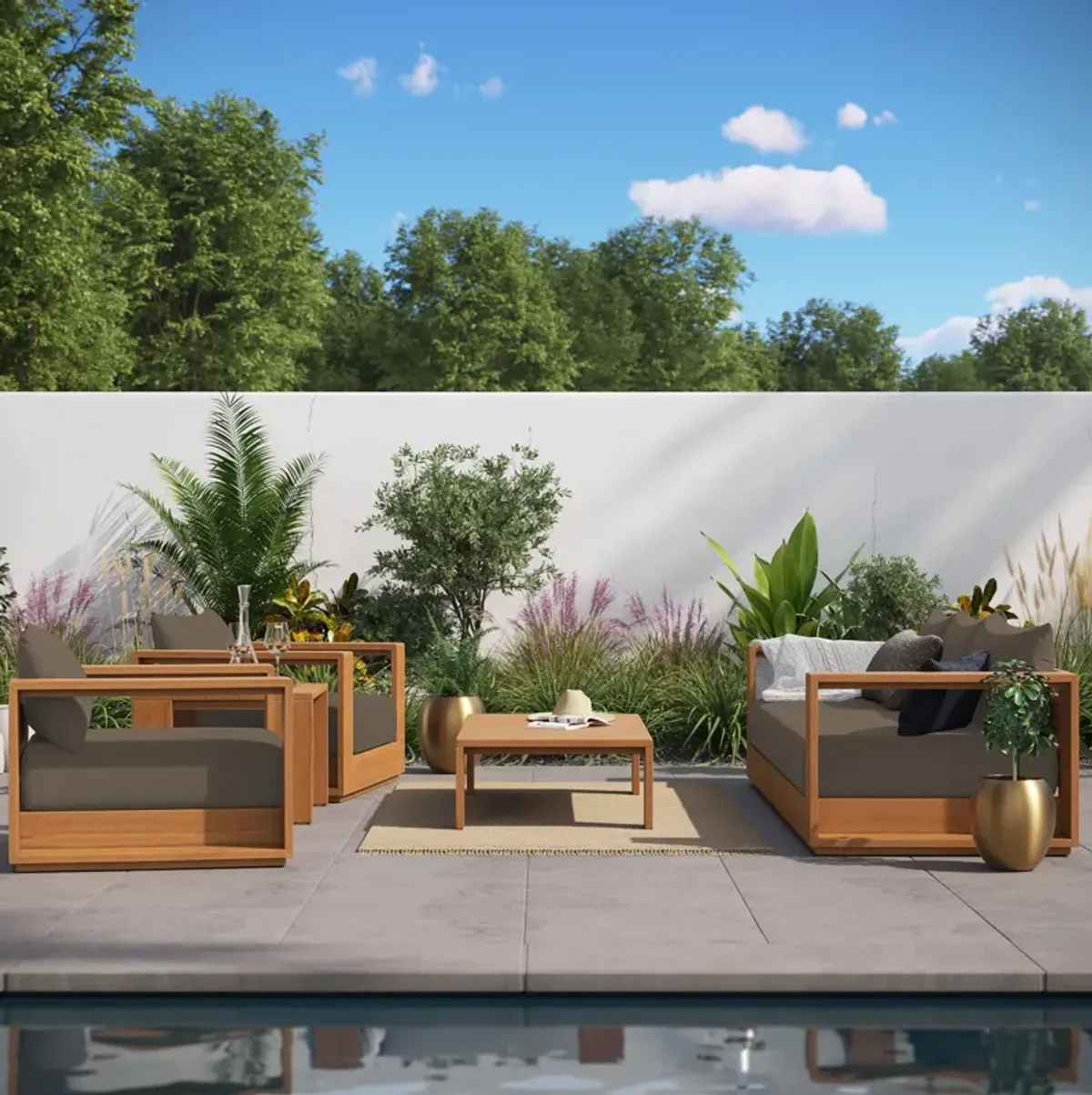 Tahoe 5-Piece Outdoor Patio Acacia Wood Furniture Set by Modway Natural Cocoa