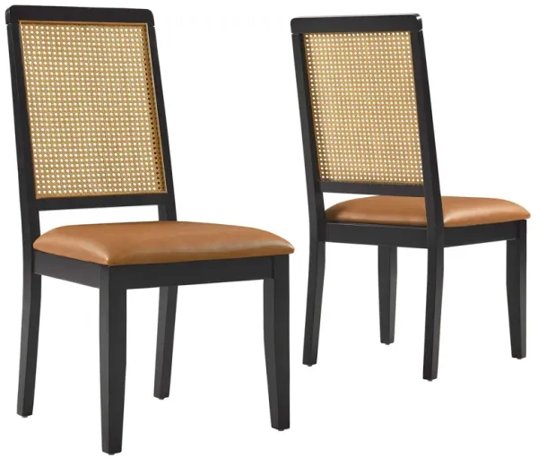 Arlo Vegan Leather Upholstered Faux Rattan and Wood Dining Side Chairs - Set of 2 Black Natural Tan