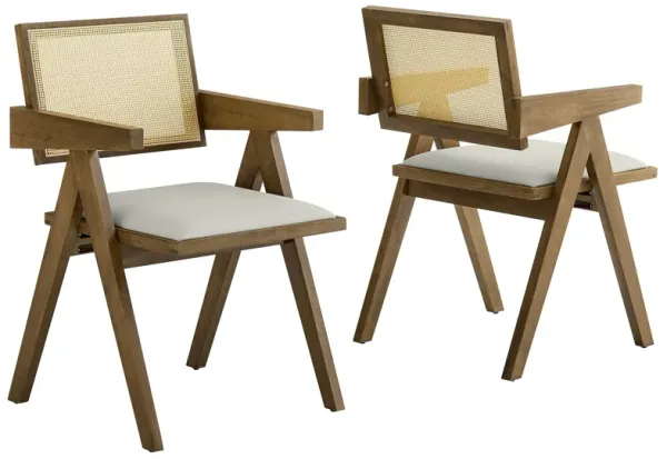 Thera Vegan Leather Cane Dining Armchairs Set of 2 by Modway Weathered Oak Stone