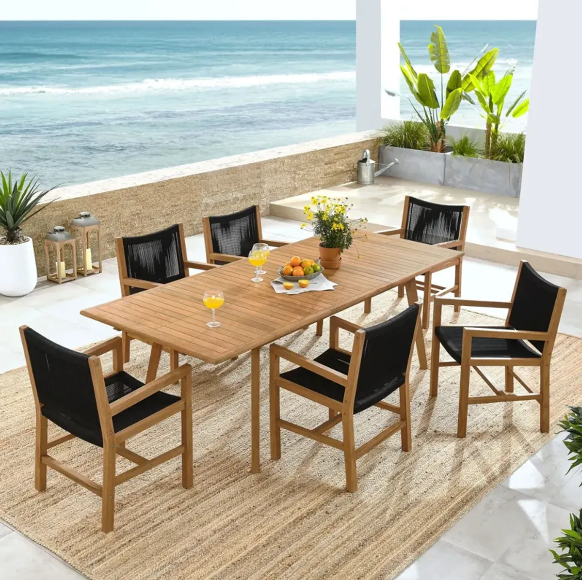 Vienna 7-Piece Outdoor Patio Teak and Rope Dining Set with Armchairs by Modway Natural Natural
