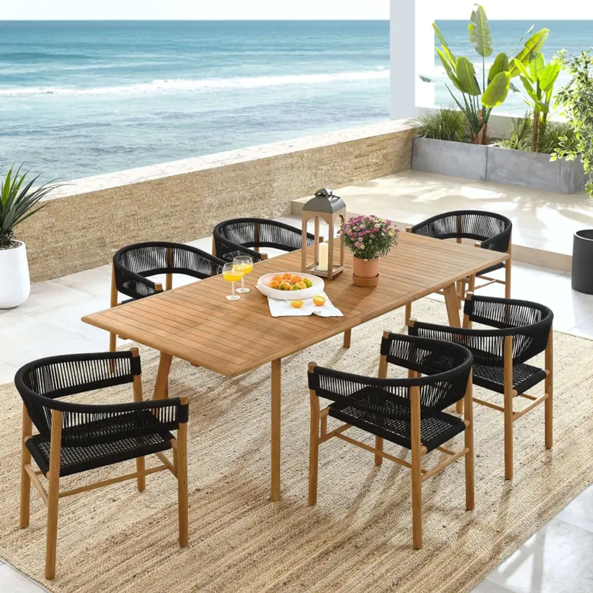 Vienna 7-Piece Outdoor Patio Teak and Rope Dining Set with Curved-Back Armchairs by Modway Natural Black