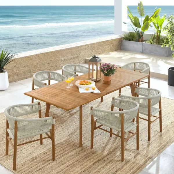 Vienna 7-Piece Outdoor Patio Teak and Rope Dining Set with Curved-Back Armchairs by Modway