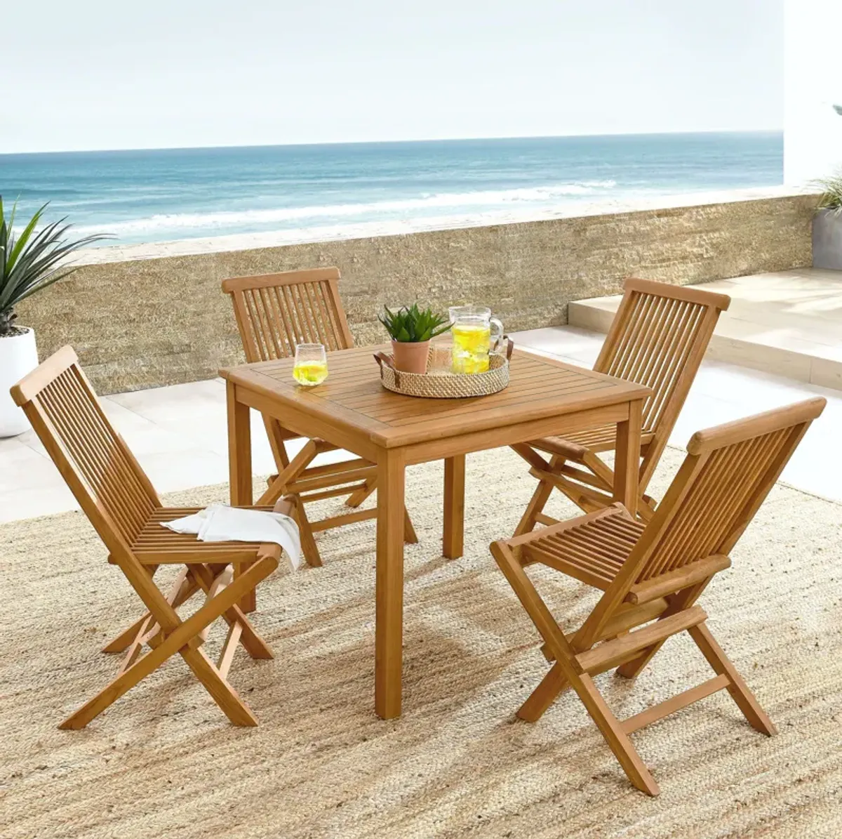 Vienna 5-Piece Outdoor Patio Teak Wood Dining Set with Folding Chairs by Modway