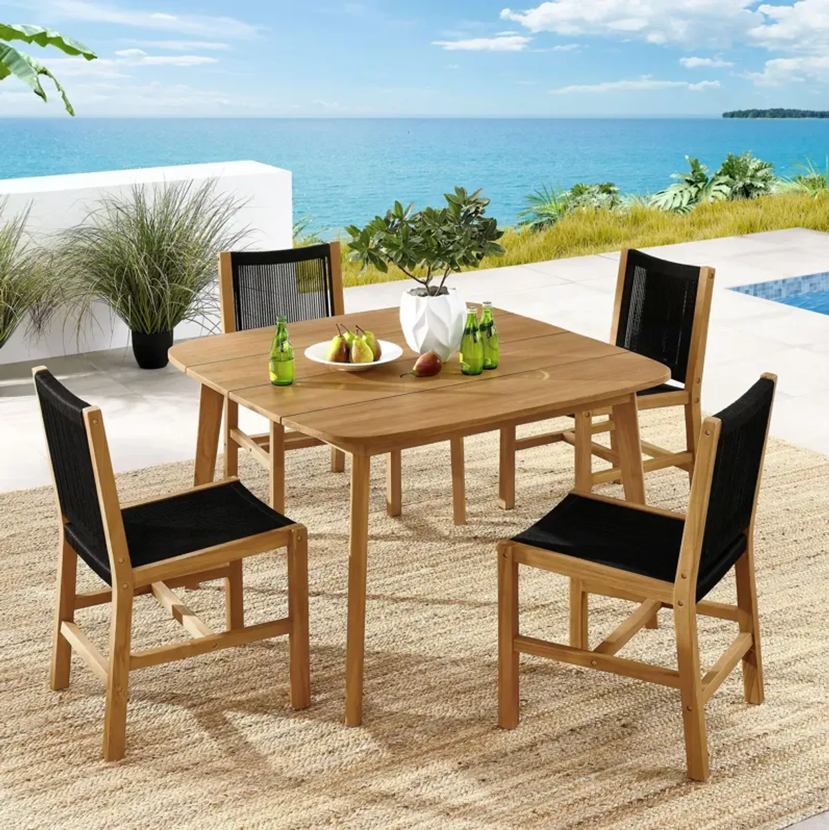 Vienna 5-Piece Outdoor Patio Teak and Rope Dining Set with Armless Chairs by Modway Natural Natural