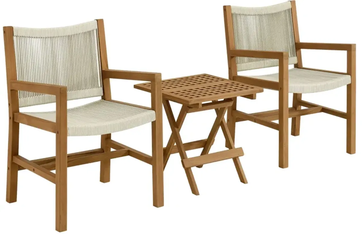 Vienna 3-Piece Outdoor Patio Teak and Rope Armchairs with Folding Side Table by Modway Natural Natural