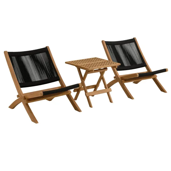 Vienna 3-Piece Outdoor Patio Teak and Rope Folding Lounge Chairs and Side Table by Modway Natural Black