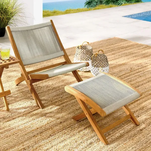 Vienna 2-Piece Outdoor Patio Teak and Rope Folding Accent Lounge Chair and Ottoman Set by Modway