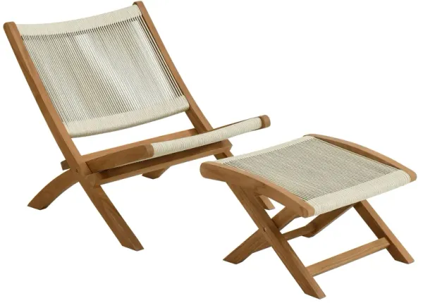 Vienna 2-Piece Outdoor Patio Teak and Rope Folding Accent Lounge Chair and Ottoman Set by Modway Natural Natural