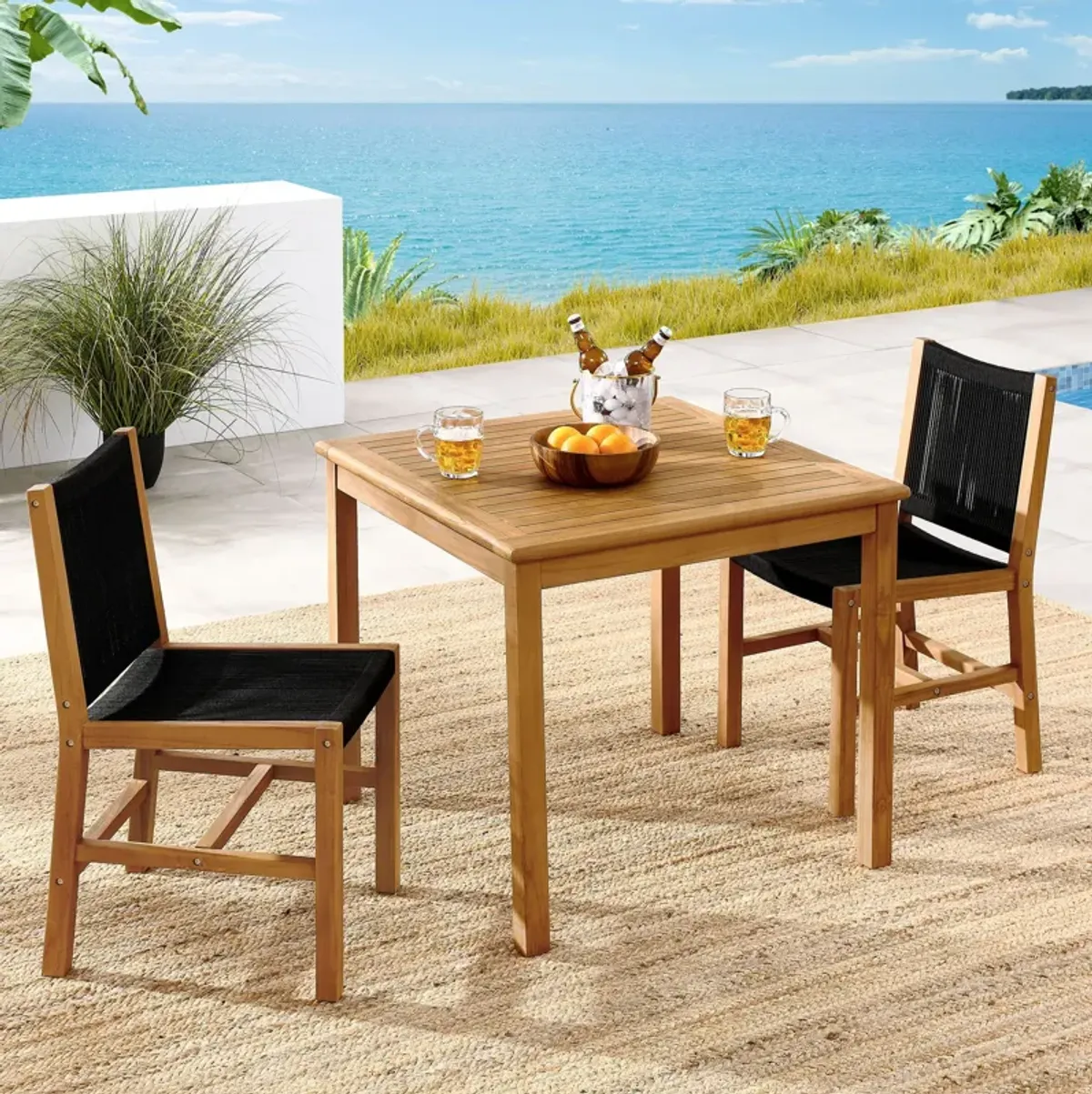 Vienna 3-Piece Outdoor Patio Teak and Rope Dining Set with Armless Chiars by Modway Natural Black