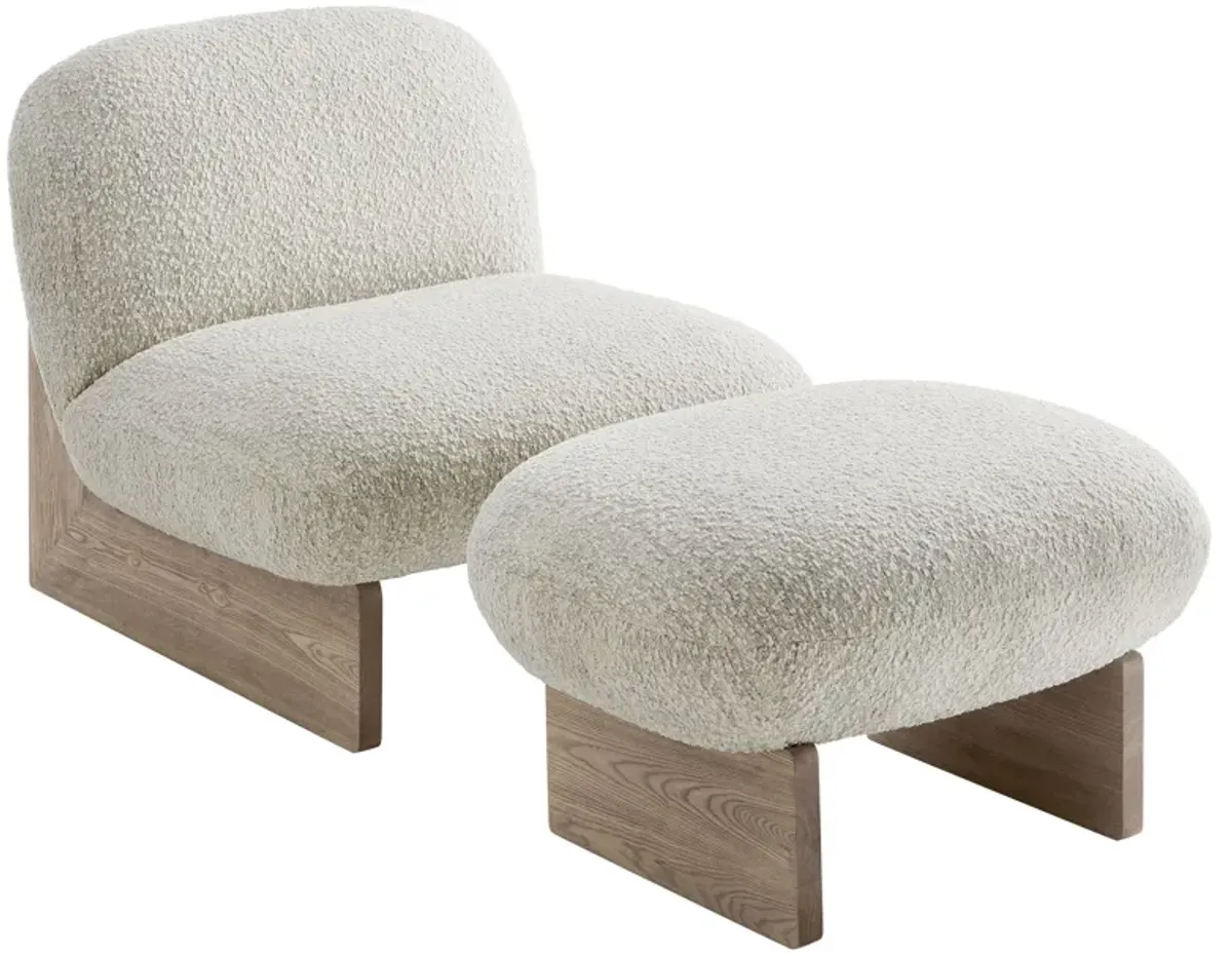Loyal Boucle Fabric Accent Chair and Ottoman Set by Modway Pearl Oak