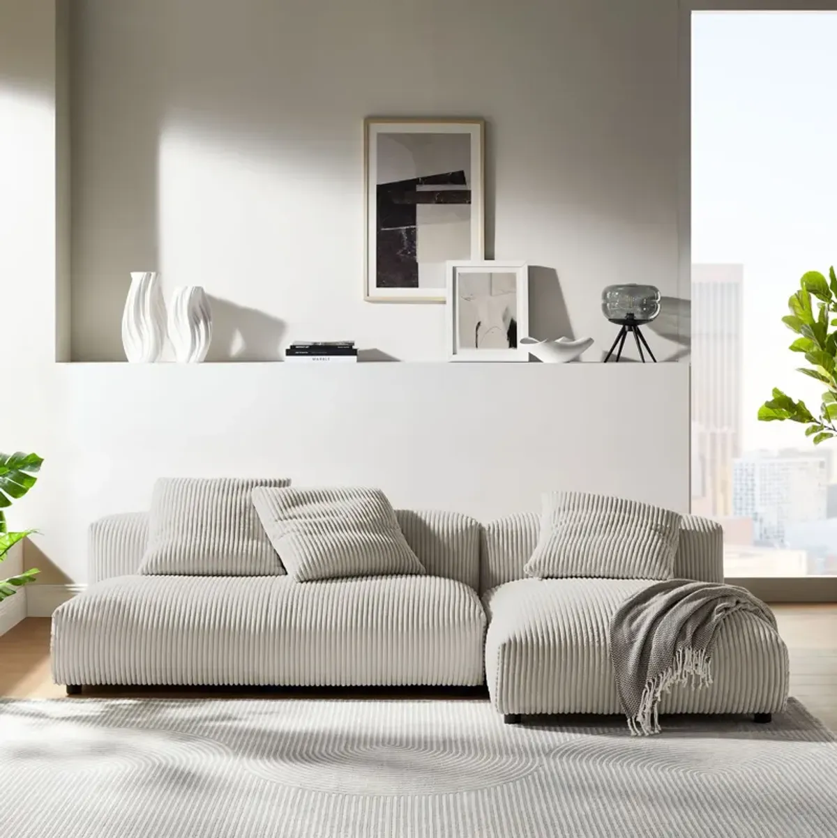 Solace 2-Piece Modular Corduroy Upholstered Sectional Sofa With Chaise Almond