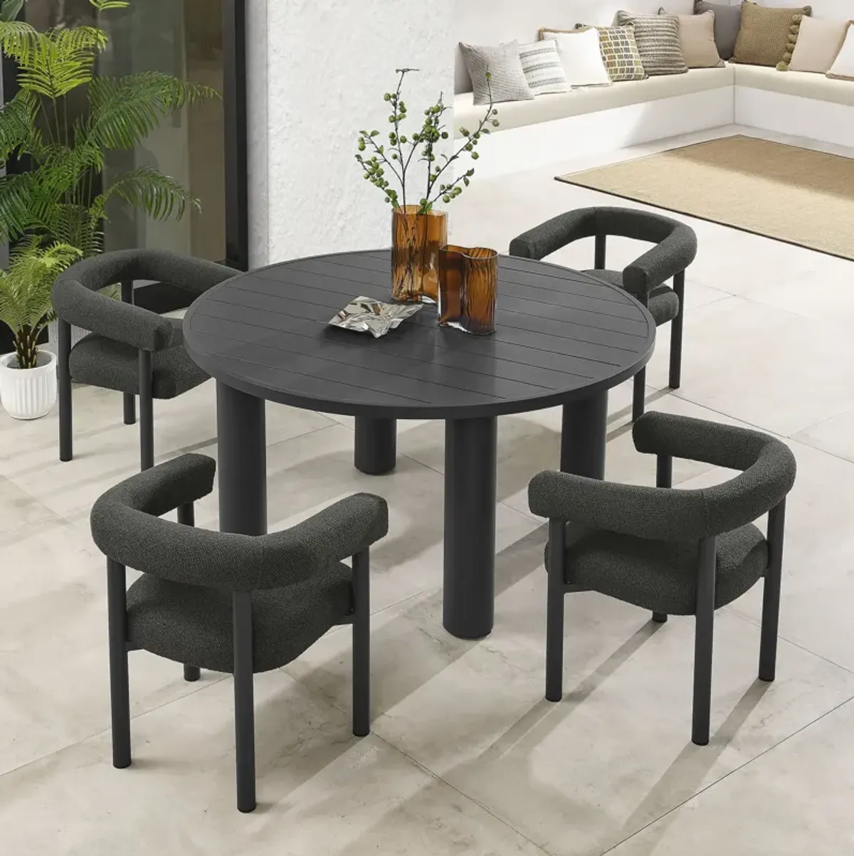Nautica 5-Piece Round Outdoor Patio Aluminum Dining Table and Chairs Set by Modway Ivory Taupe