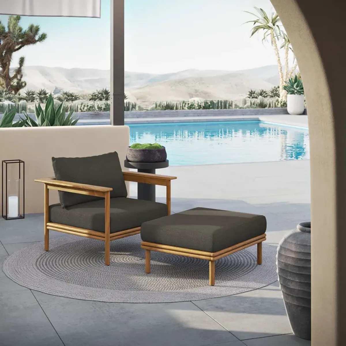 Wren Outdoor Patio Teak Wood Armchair and Ottoman Set by Modway Natural Flint Gray