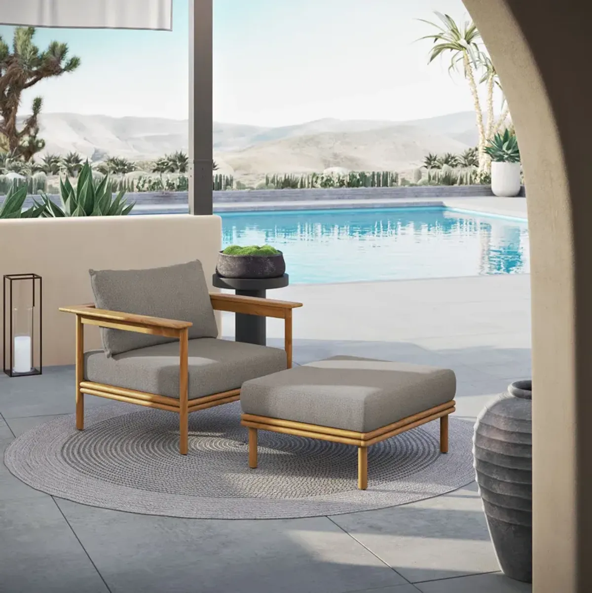 Wren Outdoor Patio Teak Wood Armchair and Ottoman Set by Modway Natural Flint Gray