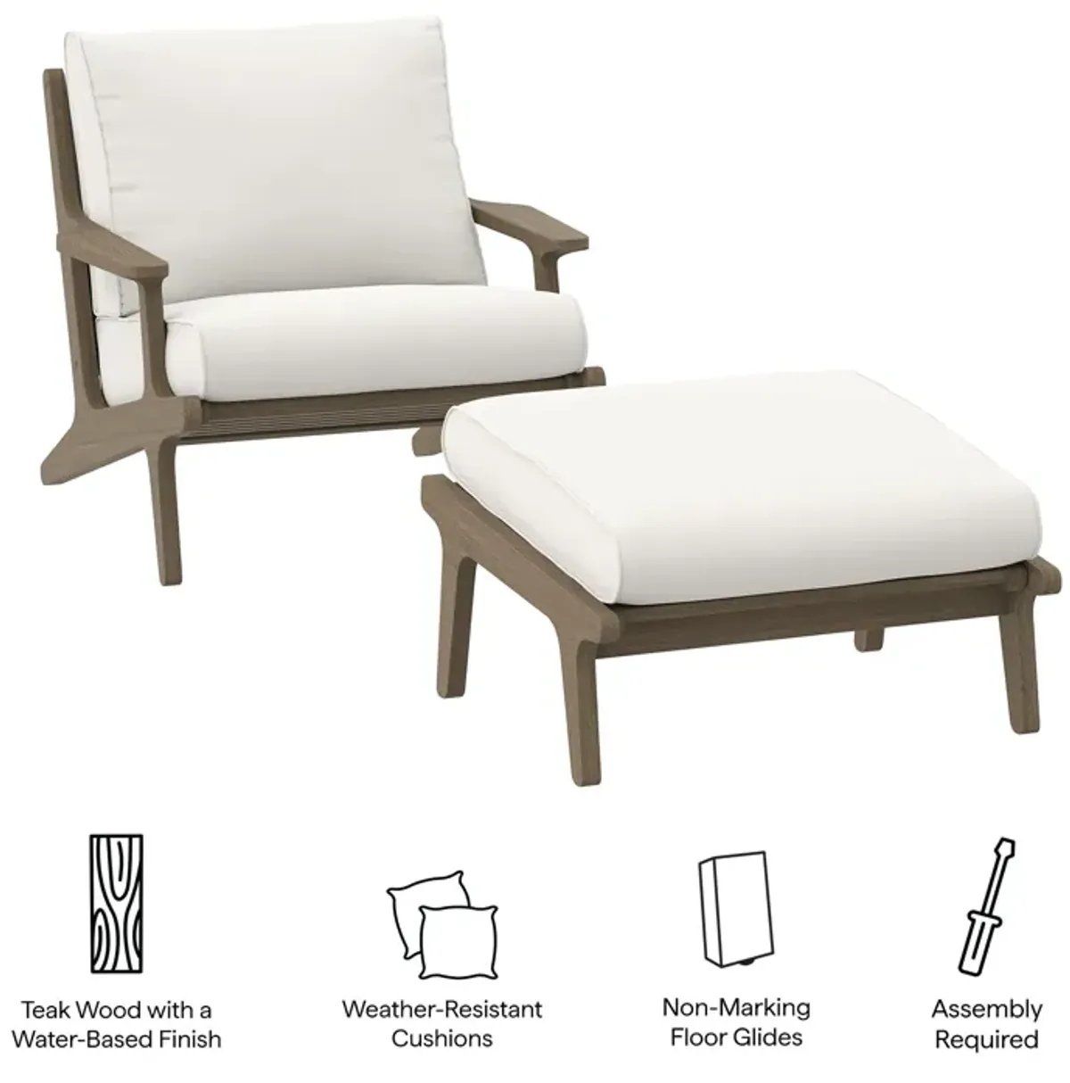 Saratoga Outdoor Patio Teak Wood Chair and Ottoman Set by Modway Weathered Gray White