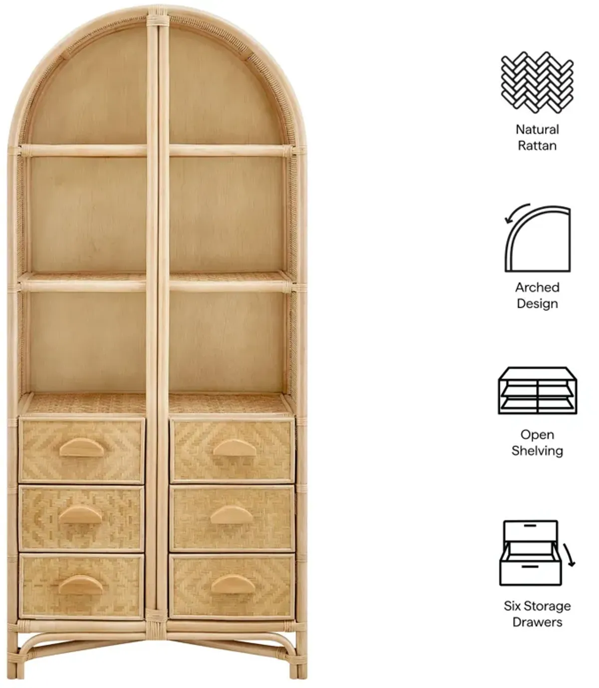 Jane 71 Inch Tall Arched Natural Rattan Bookshelf by Modway Natural