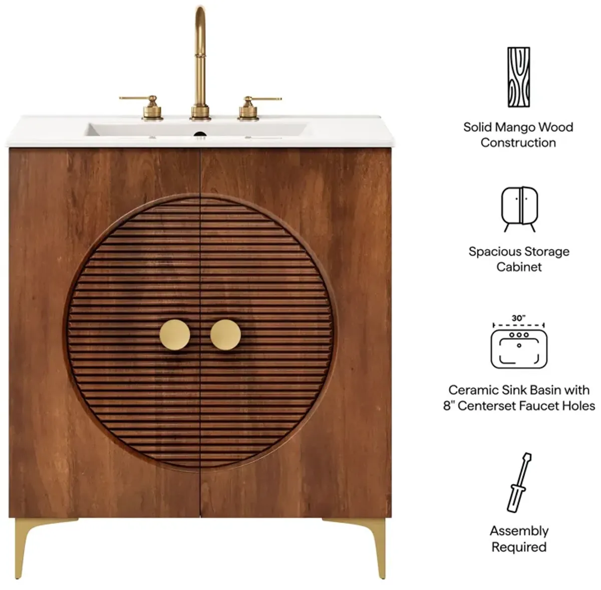 Vernon 30" Fluted Wood Vanity Cabinet With Sink by Modway Walnut White